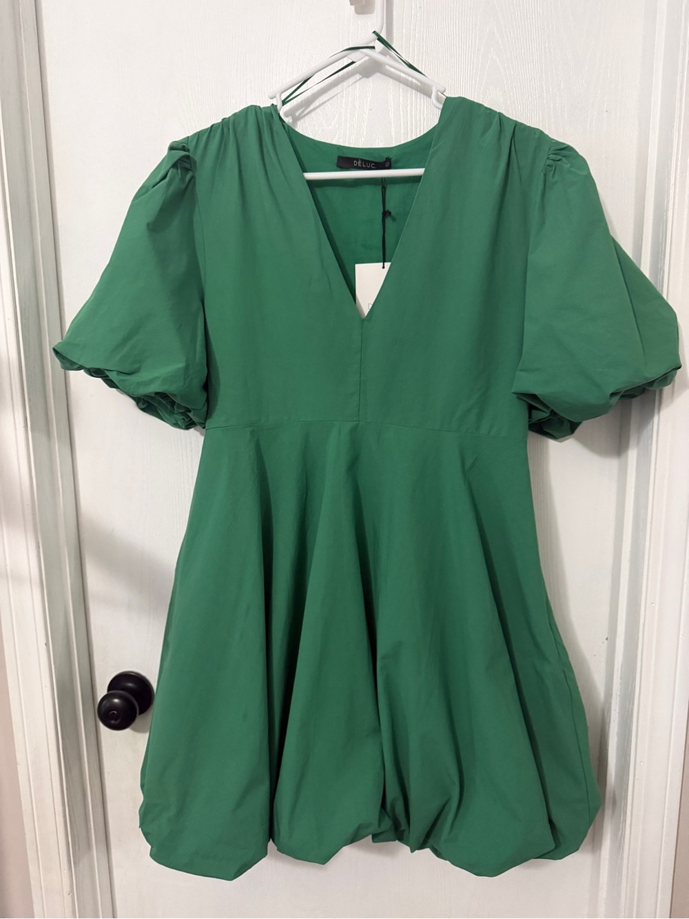 Deluc Green Puff Sleeve V-Neck Mini Dress NWT large